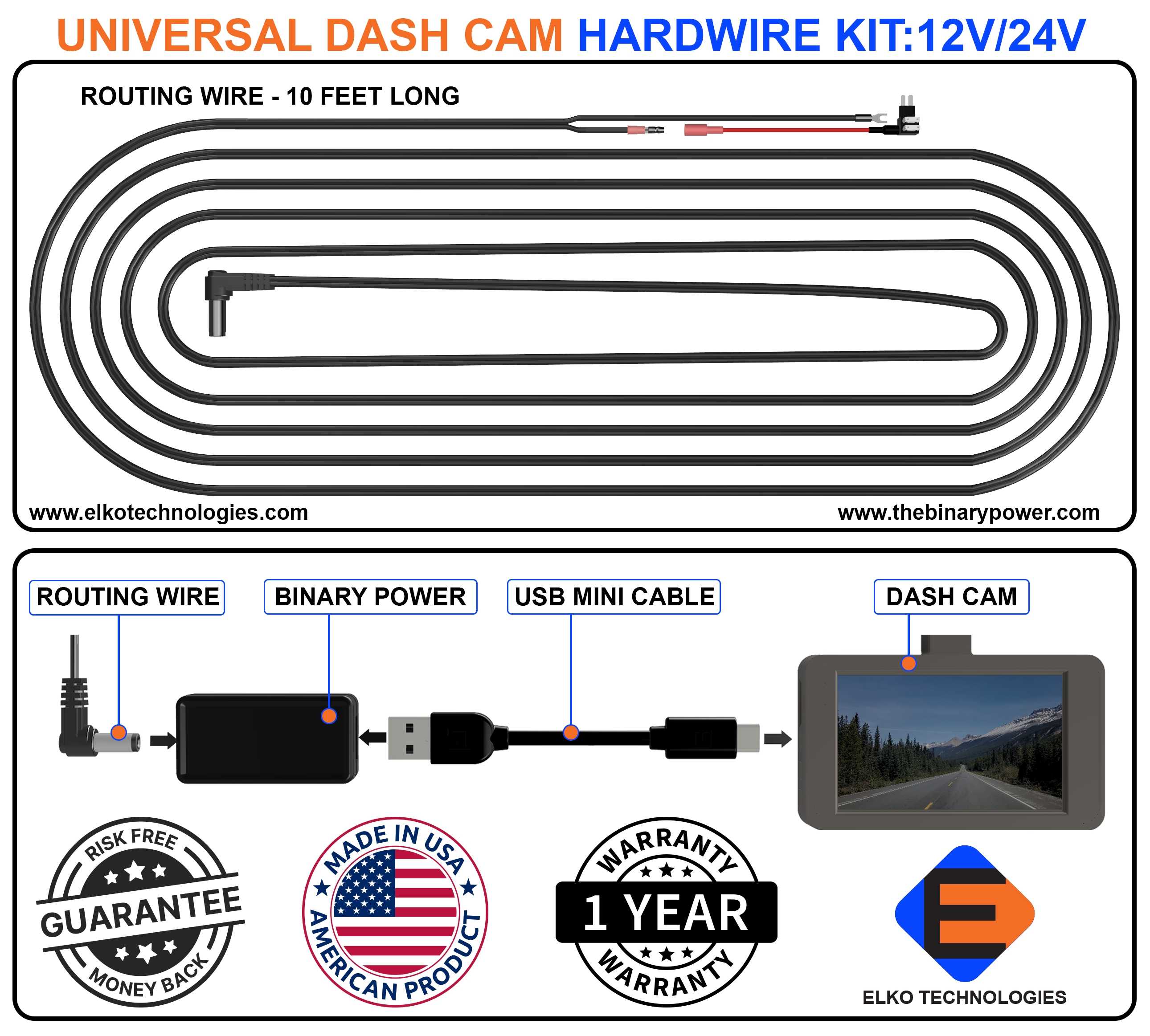 Universal Hardwire Dash Cam kit 12/24 VDC Compatible – Elko Technologies