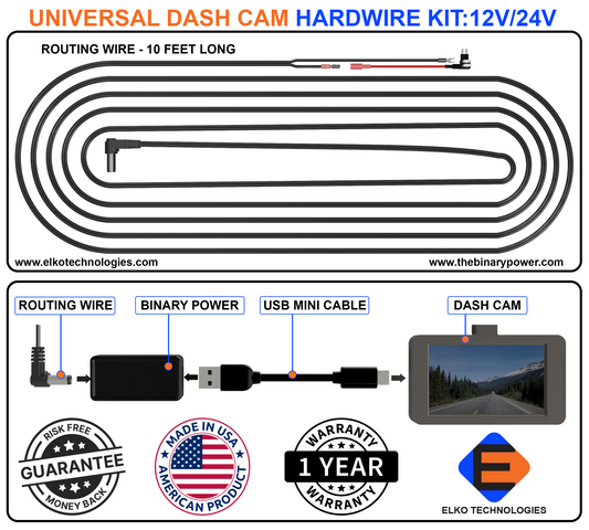 Universal Hardwire Dash Cam kit 12/24 VDC Compatible